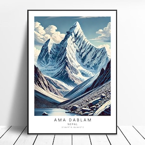 Ama Dablam Mountain Poster Nepal Himalaya Wall Art Alpine Landscape Print Illustration Mountain Lover's Adventure Decor Everest Region Print