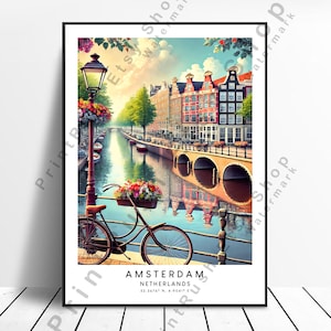 Amsterdam Canal Wall Art Amsterdam Print Dutch Cityscape Poster for Travel Lovers & Home Decor Netherlands City Travel Art Vintage Style Art