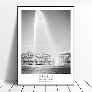 Impressão artística de Genebra, preto e branco, pôster de Genebra, impressão de viagem, minimalista, Genebra, Suíça, arte de parede, cidade de Genebra, arte de presente de Genebra