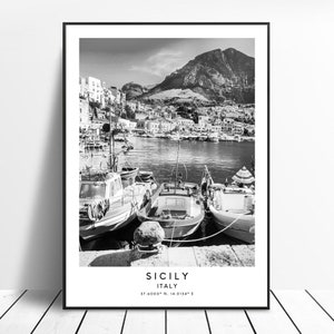Sizilien Reise-Druck Schwarzweiß-Sizilien-Poster Sizilien-Koordinaten Druck Minimalistische Sizilien-Wandkunst Sizilien-Italiendruck Sizilien-Kunstwerk