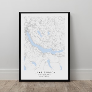 Carte du lac de Zurich Affiche de carte du lac de Zurich Impression d'art du lac de Zurich Art mural lac de Zurich Impression murale minimaliste du lac de Zurich Poster cadeau lac de Zurich