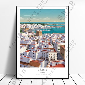 Resetavla i Cádiz, väggkonst, Cádiz-affisch, Spanien, konsttryck, heminredning, väggtavla i Cádiz, medelhavsstad, väggdekor, reseälskare, hemmakontor