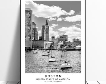 Boston Travel Print Black and White Boston City Poster Boston United States Of America Landmark Print Minimalist Boston Wall Art Décor Gift