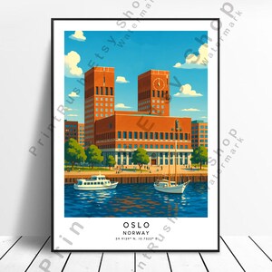 Oslo Norway Travel Poster Home Décor Oslo Art Print Illustration Art Harbour Artwork Wall Poster Oslo Wall Art Wall Hanging