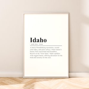 Impresión de viaje de Idaho Arte de pared de Idaho Póster de Idaho Impresión del estado de Idaho Póster de pared de Idaho Decoración minimalista para el hogar de Idaho Regalo Arte Impresión de diccionario
