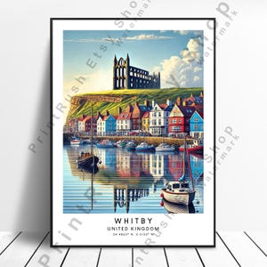 Illustrazione di Whitby, poster da viaggio, stampa artistica da parete, arredamento per la casa, poster da parete di Whitby, arte dello Yorkshire, stampa di Whitby, arredamento inglese, opera d&#39;arte, regalo
