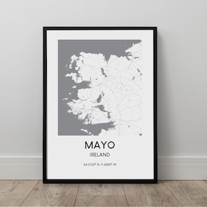 County Mayo Karte Print Mayo Irland Karte Wand Kunst Poster Mayo Travel Print schwarz und weiß minimalistische Wanddekoration Geschenk
