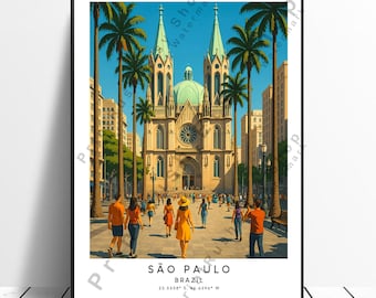 São Paulo Brazil Travel Print Illustration Art Poster Skyline Architecture Wall Decor Colourful Artwork Gift