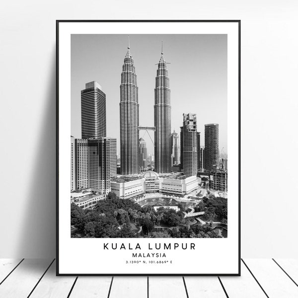 Kuala Lumpur Travel Print Black and White Kuala Lumpur Poster Kuala Lumpur Coordinates Print Minimalist Kuala Lumpur Wall Print Gift Art