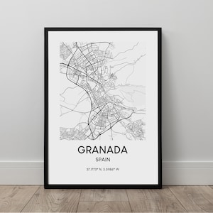 Granada City Map Print Black and White Granada Map Poster Espagne Travel Print Granada City Map Wall Art Décor Poster Gift