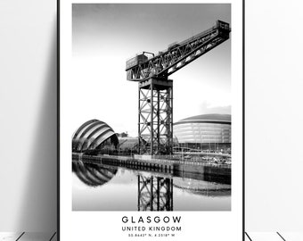 Glasgow Scotland Travel Print Black and White Landmark Coordinates Minimalist Wall Art Décor Poster Travel Holidays Gift
