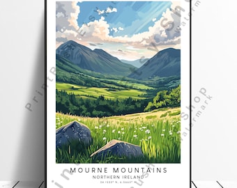Illustrazione delle Mourne Mountains, Irlanda del Nord. Arte delle Mourne Mountains, Irlanda del Nord. Poster di viaggio dell'Irlanda del Nord. Stampa delle Mourne Mountains.