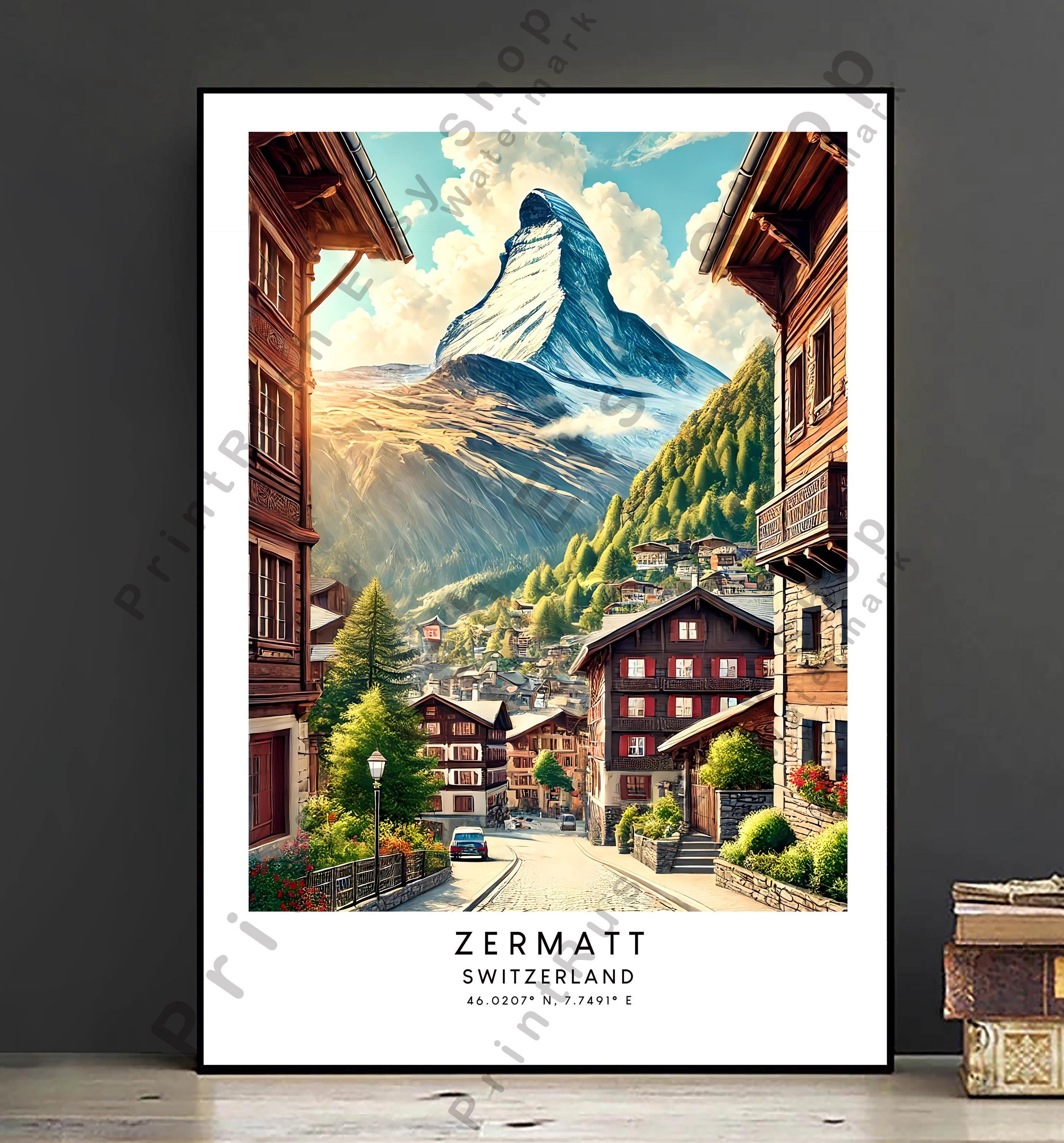Zermatt Illustration Poster Switzerland Travel Print Home Décor Zermatt ...