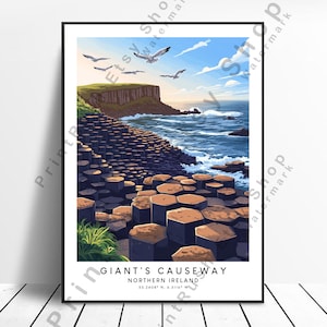 Póster de viaje de Irlanda del Norte, arte de la Calzada del Gigante, decoración de pared costera, impresión de la Calzada del Gigante, colgante de pared, impresión de la Calzada del Gigante, regalo