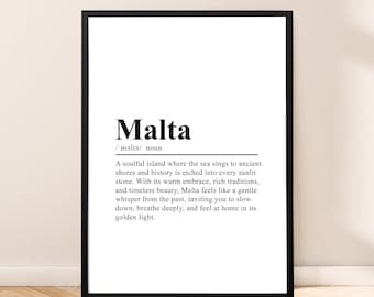 Malta Plakat podróżniczy Definicja Wydruk Malta Sztuka ścienna Malta Wydruk ścienny Minimalistyczny wystrój Malty Prezent Malta Plakat ścienny Cytat Słownik Sztuka