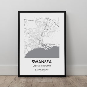 Swansea Karte Druck Schwarz-Weiß Swansea Karte Kunst Minimalist Swansea Stadt karte Poser Swansea Wandkunst Reise Druck Geschenk