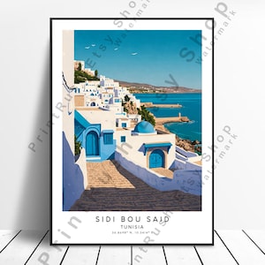 Sidi Bou Said Tunisia illustration Art Tunisia Coast Decor Sidi Bou Said Poster Travel Print Sidi Bou Said Wall Print Artwork Gift