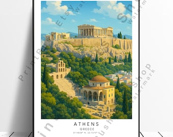 Greece Travel Poster Athens Illustration Art Greece Print Wall Décor Athens Wall Poster Landmark Art Athens Wall Print Gift