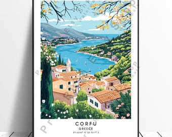 May include: A colorful illustration of a town in Corfu, Greece. The town is nestled on a hillside overlooking a blue bay. The image includes the text "CORFU GREECE 39.6243° N, 19.9217° E".