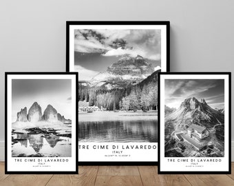 Impression voyage Tre Cime di Lavaredo Art mural Tre Cime di Lavaredo Impression noir et blanc montagne Tre Cime Poster Tre Cime Art cadeau Tre Cime