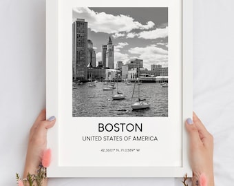 Boston Travel Print Black and White Boston City Poster Boston United States Of America Landmark Print Minimalist Boston Wall Art Décor Gift