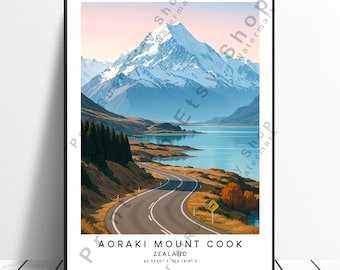 Aoraki Mount Cook Print New Zealand Travel Poster Artwork Illustration Art Décor Home Art Wall Hanging Mountain Landscape Wall Decor Gift