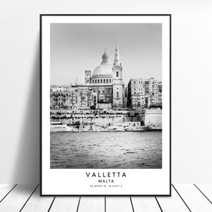 Stampa di viaggio di Valletta Poster della città di Valletta in bianco e nero, stampa artistica minimalista da parete di Valletta, stampa regalo di Valletta