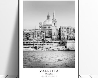 Plakat Valletta Travel Print w czerni i bieli, Valletta City, Valletta Malta, minimalistyczna dekoracja ścienna, Valletta Gift Print