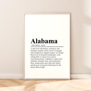 Impresión de definición de Alabama Impresión de viaje de Alabama Arte de pared de Alabama Impresión de pared de Alabama Decoración minimalista del estado de Alabama Impresión de regalo Póster de Alabama