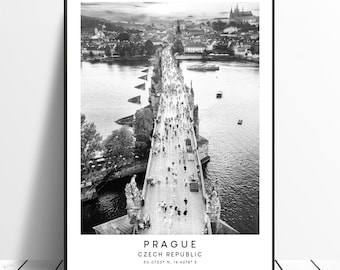 Prague Czech Republic Travel Poster Charles Bridge Wall Art Black and White Prague Print Prague Poster Prague Wall Print Prague Gift Art