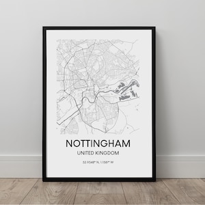 Stampa della mappa di Nottingham Poster artistico della mappa di Nottingham in bianco e nero Mappa minimalista di Nottingham Arte della parete di Nottingham Stampa di viaggio di Nottingham
