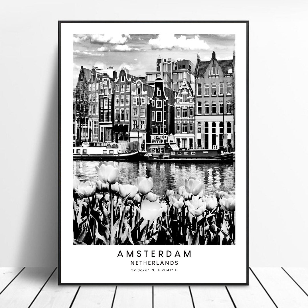 Affiche Décoration Murale 30x30cm Amsterdam Bateaux En Noir Et Blanc - Art Urbain Et Voyage
