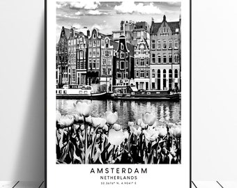 Amsterdam Netherlands Travel Print Black and White Amsterdam City Print Amsterdam Houses Canal Poster Amsterdam Wall Art Décor  Gift