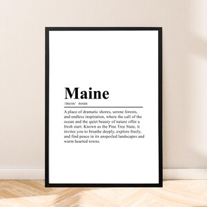 Póster de viaje de Maine Arte mural de Maine Impresión de Maine Citas de pared Póster del estado de Maine Arte minimalista de Maine Decoración del hogar de Maine Póster de diccionario de regalos