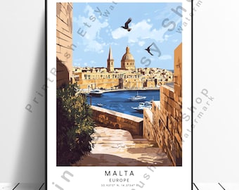 Malta Travel Print Malta Poster Illustration Wall Art Malta Wall Print Wall Hanging Malta Wall Poster Home Décor Colourful Gift
