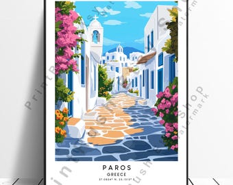 Paros Greece Print Greek Island Wall Art Cyclades Travel Poster Paros Village Illustration Mediterranean Coastal Decor Greece Art Print