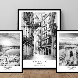 Impression de voyage de Valence Impression d&#39;art mural de la ville de Valence Affiche de Valence en noir et blanc Impression d&#39;art de Valence minimaliste Affiche de Valence en Espagne, cadeau