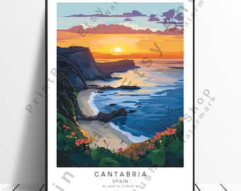 Cantabria Spain Travel Print Colourful Cantabria Poster Cantabria Wall Art Cantabria Print Home Décor Cantabria Coastline Illustration Gift
