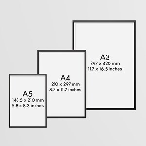 Peut inclure: Trois impressions d'art encadr&eacute;es en noir, aux formats A5 (14,85 x 21,0 cm), A4 (21,0 x 29,7 cm) et A3 (29,7 x 42,0 cm). Chaque impression a un int&eacute;rieur blanc et un cadre noir, avec les dimensions en millim&egrave;tres et en pouces.