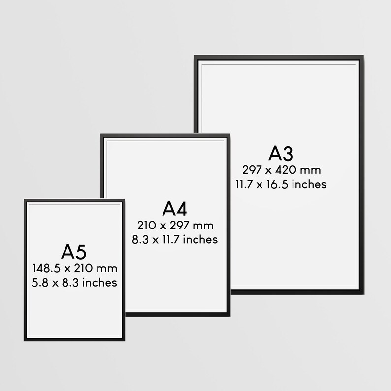Peut inclure: Trois impressions d'art encadr&eacute;es en noir, aux formats A5 (14,85 x 21,0 cm), A4 (21,0 x 29,7 cm) et A3 (29,7 x 42,0 cm). Chaque impression a un int&eacute;rieur blanc et un cadre noir, avec les dimensions en millim&egrave;tres et en pouces.