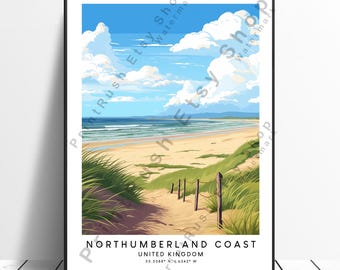 Northumberland Travel Print Northumberland Coast Poster Wall Art Northumberland Print Wall Hanging Northumberland Colourful Print Gift