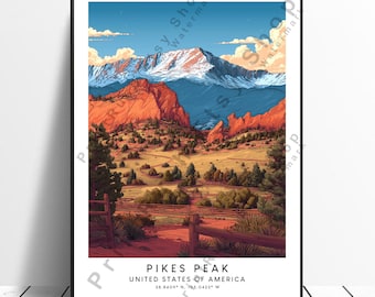 Pôster ilustrado de Pikes Peak, arte de viagem para o Colorado, impressão de parede, arte de paisagem dos EUA, decoração de montanha, presente