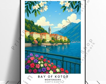 May include: A framed art print featuring a vibrant illustration of the Bay of Kotor in Montenegro. The artwork depicts a coastal town with red-roofed buildings, a church tower, and colorful flowers in the foreground. The text "BAY OF KOTOR MONTENEGRO" is at the bottom.