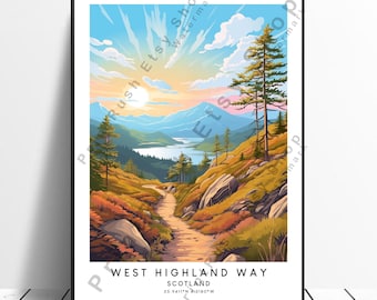 May include: A colorful illustration of a winding path through a lush green forest with a lake in the distance. The sky is a vibrant blue with fluffy white clouds. The text "WEST HIGHLAND WAY SCOTLAND 55.9411°N 4.3180°W" is at the bottom of the image.