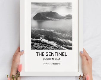 The Sentinel Hout Bay Black and White Poster South Africa Travel Print Coordinates Minimalist Wall Art Print Holidays Gift