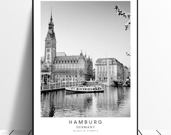 Hamburg Germany Print Black and White Landmark Coordinates Minimalist Wall Art Décor Poster Travel Holidays Gift