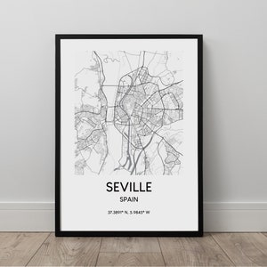 Sevilla Stadtplan Druck Schwarz-Weiß Sevilla Karte Poster Spanien Reisedruck Koordinaten Minimalistische Wand Kunst Dekor Poster Geschenk