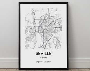 Seville City Map Print Black and White Seville Map Poster Spain Travel Print Coordinates Minimalist Wall Art Décor Poster Gift