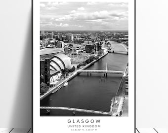 Glasgow Scotland Travel Print Black and White City View Landmark Coordinates Minimalist Wall Art Décor Poster Travel Holidays Gift