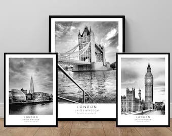 May include: Three black and white photographs of iconic London landmarks. The first photo shows Tower Bridge, the second shows the Shard, and the third shows Big Ben and the Houses of Parliament. Each photo has the word "LONDON" and "UNITED KINGDOM" printed below the image.